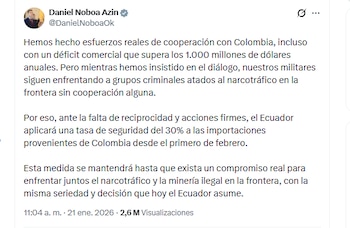 El presidente de Ecuador, Daniel Noboa Azin, aumentó aranceles aplicados a productos colombianos - crédito @DanielNoboaOk/X