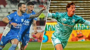 Composición fotográfica con dos futbolistas de azul a la izquierda y un futbolista con camiseta verde a la derecha sobre el césped
