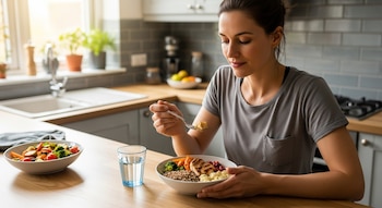 Mujer joven con camiseta gris sentada en una cocina moderna, comiendo de un bol blanco con pollo, quinoa y verduras, con un vaso de agua al lado.