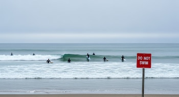 Un cartel rojo de "Do Not Swim" en primer plano de una playa. Varios surfistas con trajes negros están en el agua grisácea con olas bajo un cielo nublado.