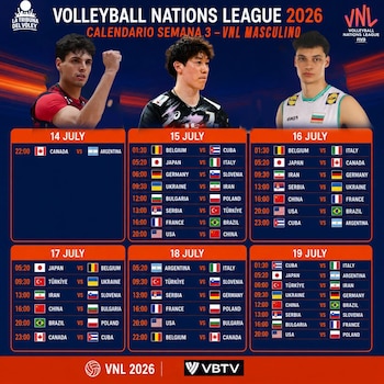 Programación completa de la semana 3 de la Liga de Naciones de Vóley Masculino 2026.