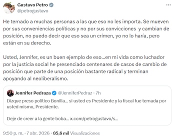 El presidente respondió a la congresista señalando que algunos sectores cambian de posición por conveniencia y no por convicción. - crédito @petrogustavo/X