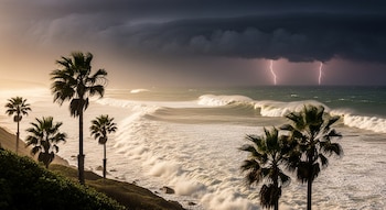 Paisaje costero con palmeras en una colina, grandes olas rompiendo en el océano y nubes de tormenta. Dos relámpagos iluminan el horizonte marino.
