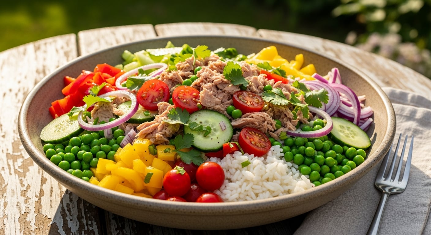 Una ensalada de arroz con atún, huevo y vegetales es una opción ideal para un almuerzo proteico (Imagen Ilustrativa Infobae)
