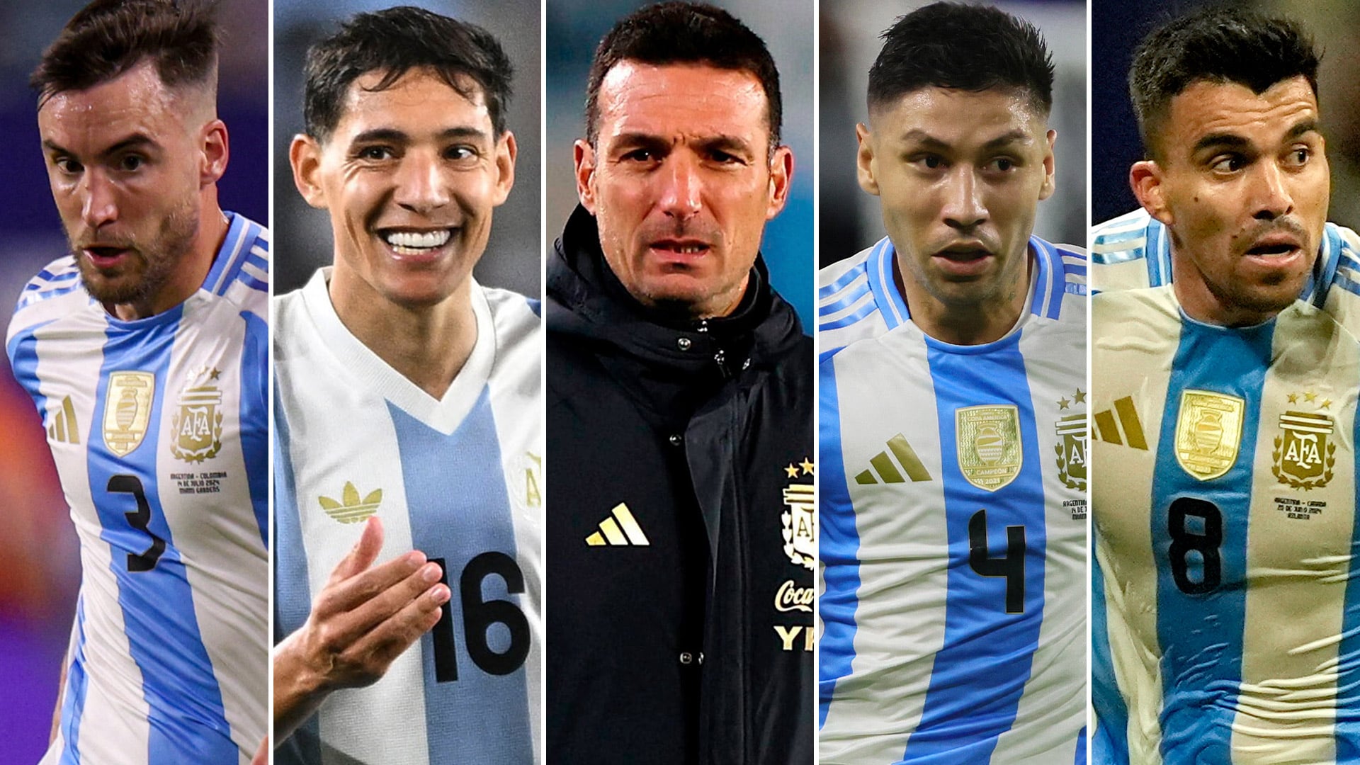 Nico Tagliafico, Nahuel Molina, Scaloni, Gonzalo Montiel y Marcos Acuña. Los laterales de la Selección para el DT campeón del mundo