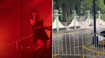 Una imagen compuesta muestra a una mujer cantando en un escenario con iluminación roja intensa y, a su lado, una calle o parque inundado.