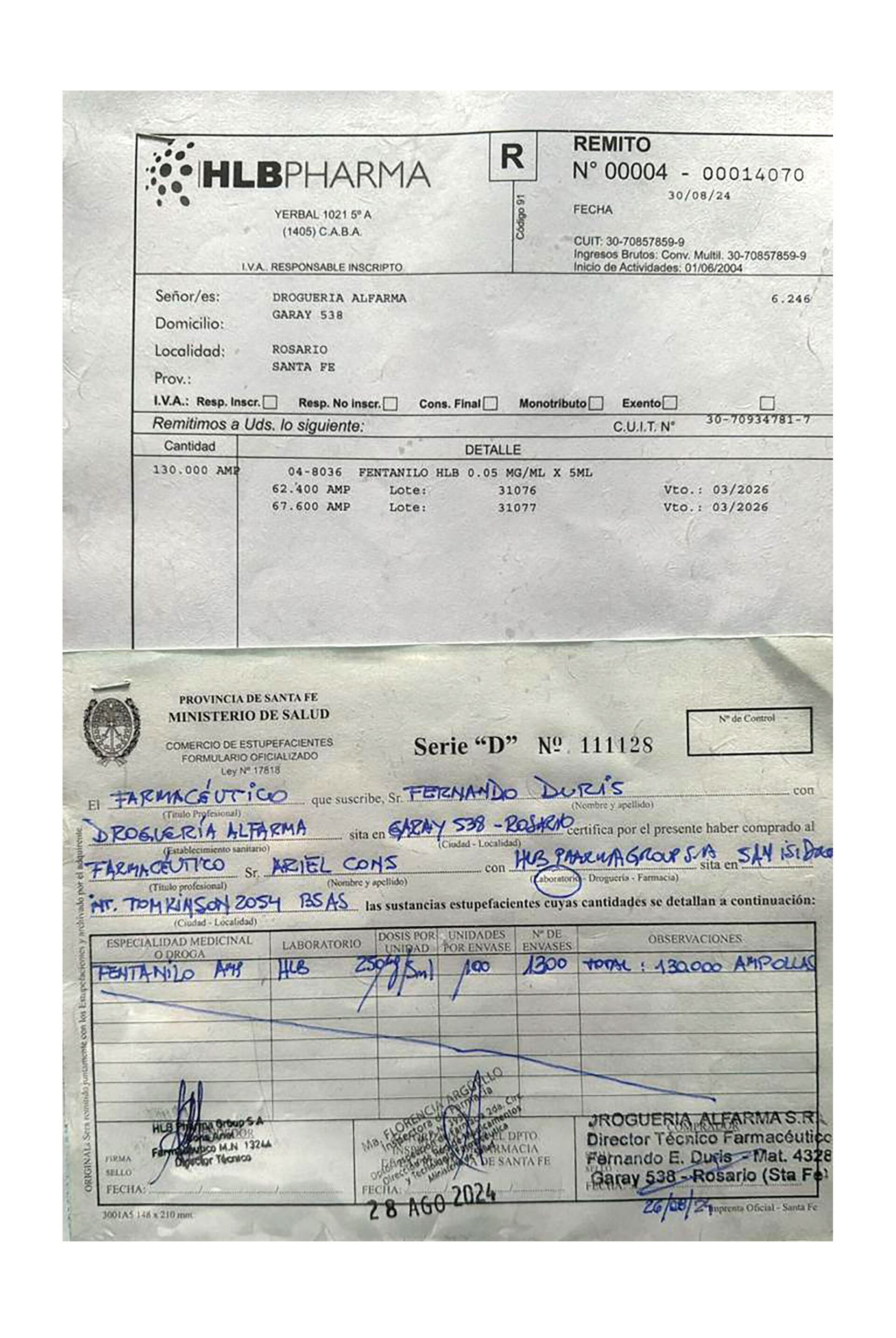Facturas de venta del fentanilo contaminado que no cumplirpìa con las normas