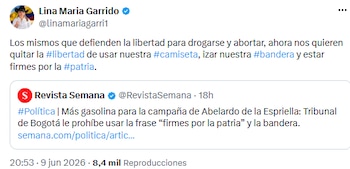 Lina María Garrido cuestionó restricciones a símbolos patrios y advirtió sobre debate de libertades - crédito @linamariagarri1/X
