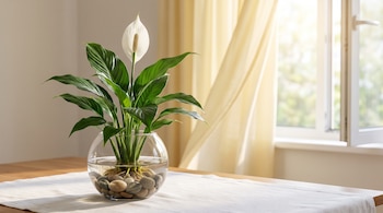 Una planta de espatifilo con flor blanca en un florero de vidrio con agua y piedras sobre una mesa de madera.