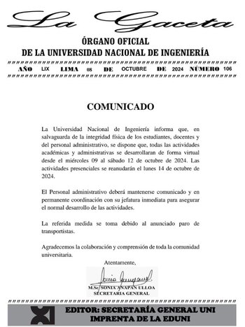 Paro de transportistas: Comunidado UNI