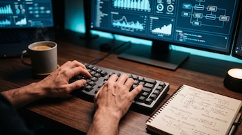 Manos sobre un teclado ergonómico en un escritorio con un cuaderno de diagramas, una taza y pantallas que muestran gráficos.
