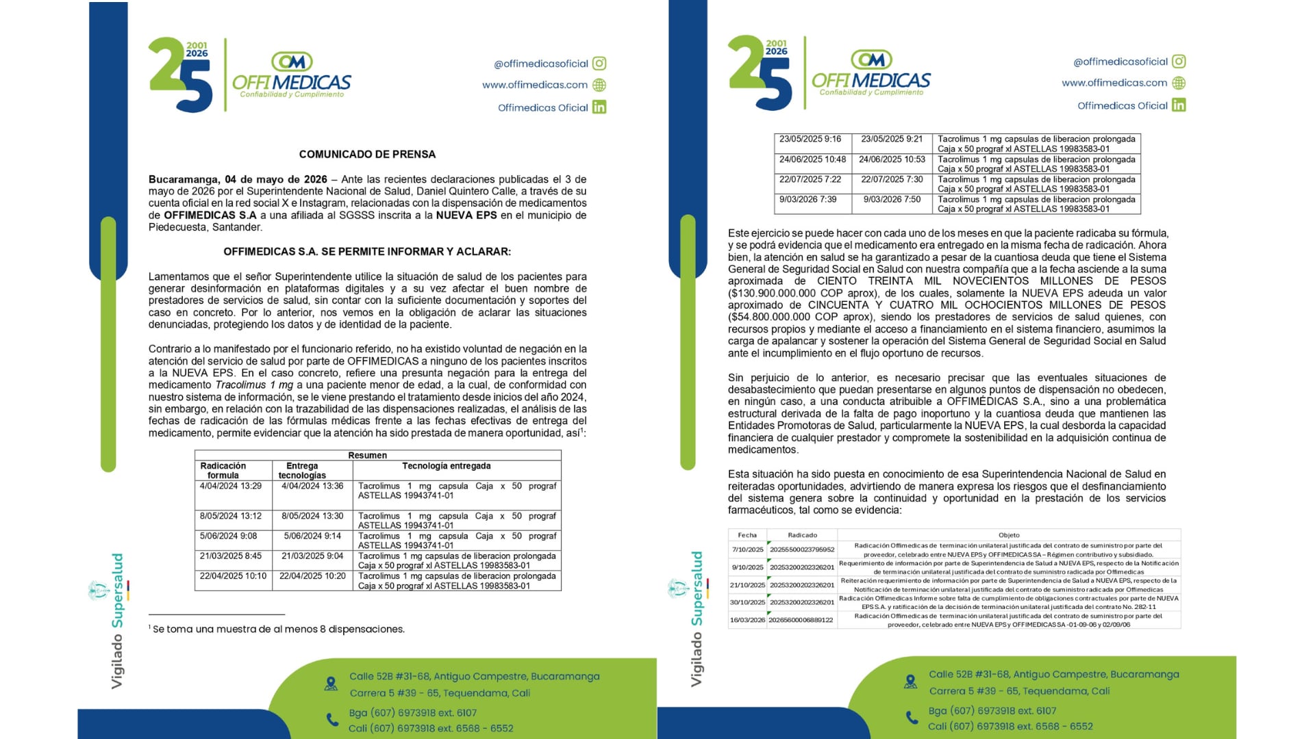 Offimedicas negó fallas en la entrega de medicamentos y aseguró que sus registros muestran dispensaciones el mismo día de la solicitud en el caso de Tacrolimus - crédito Suministrada a Infobae