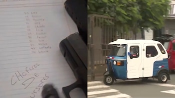 Una imagen dividida muestra en el lado izquierdo una hoja con nombres manuscritos y un objeto oscuro, y en el lado derecho, un mototaxi azul y blanco