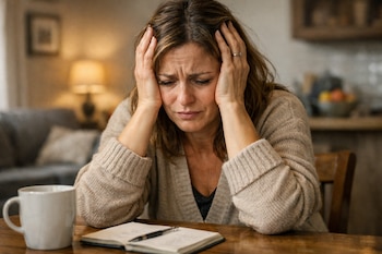 Mujer con cabello castaño, jersey beige y manos en la cabeza, sentada frente a un cuaderno abierto, una pluma y una taza blanca en una mesa de madera.