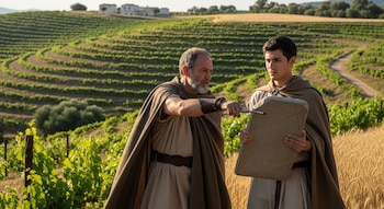 Un hombre de la antigua Grecia, barbudo, señala una tablilla de piedra sostenida por un joven, en un paisaje rural con viñedos y campos cultivados.