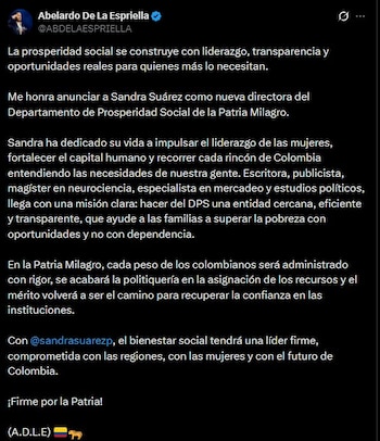 El presidente electo afirmó que el Departamento de Prosperidad Social debe ser una entidad cercana, eficiente y transparente - crédito @ABDELAESPRIELLA/X