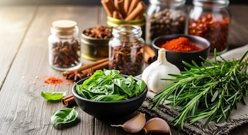 Albahaca fresca en un cuenco negro, un bulbo de ajo, romero y especias secas como pimentón y canela en frascos, sobre una mesa de madera.