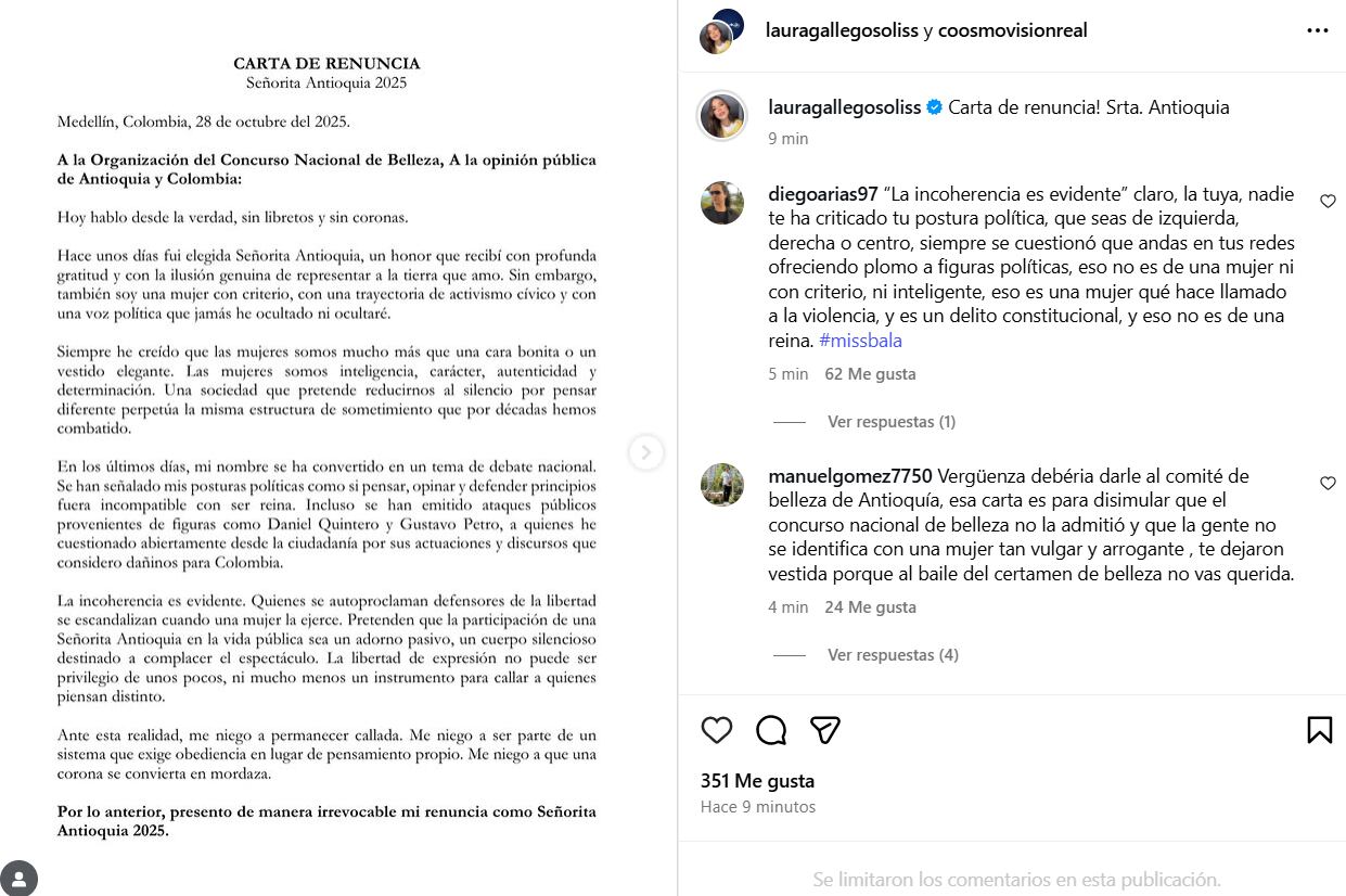 Gallego anunció que presentó su renuncia ante el Concurso Nacional de la Belleza - crédito @lauragallegosolis/Instagram