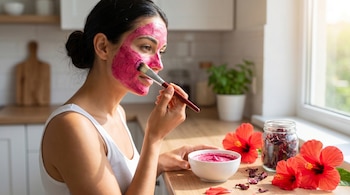Una mujer joven aplica una mascarilla facial rosada en su mejilla con una brocha, con un tazón de mascarilla, flores rojas de hibisco y jamaica seca en la mesa.