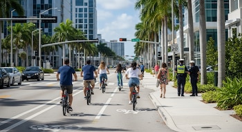 Calle moderna del sur de Florida con edificios, palmeras, personas en bicicletas y patinetes eléctricos, automóviles, dos policías y un cartel de velocidad.