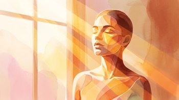 Ilustración digital en tonos cálidos de una figura humana con cabeza y hombros, recibiendo rayos de luz solar de una ventana.