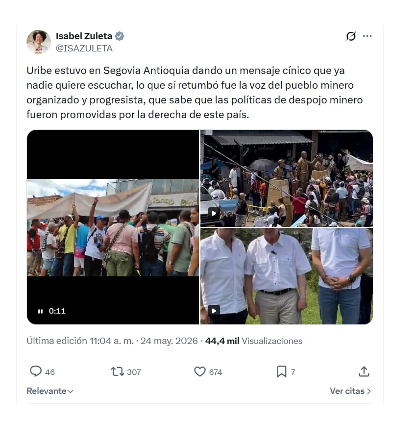 Con este mensaje, la senadora Isabel Zuleta le salió al paso a la presencia del expresidente Álvaro Uribe en Segovia - crédito @IsaZuleta/X