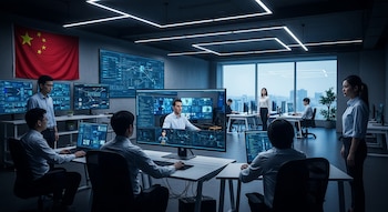 En un oscuro centro de monitoreo chino con una bandera y múltiples pantallas, varios operadores observan a un hombre y una mujer occidentales en una luminosa oficina moderna.