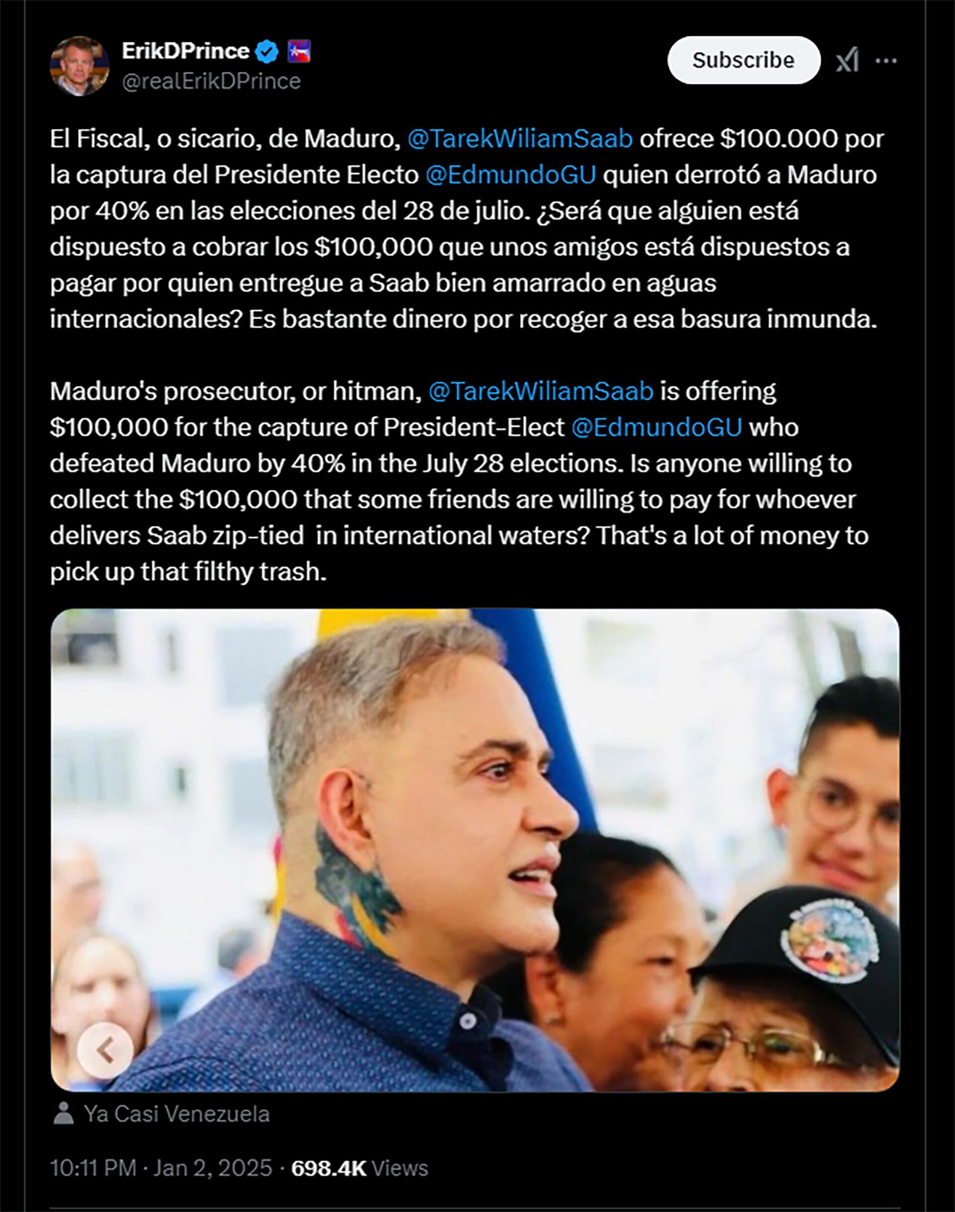 La publicación en X del Erik Prince en la que ofrece una recompensa de 100 mil dólares por la entrega de Tarek William Saab