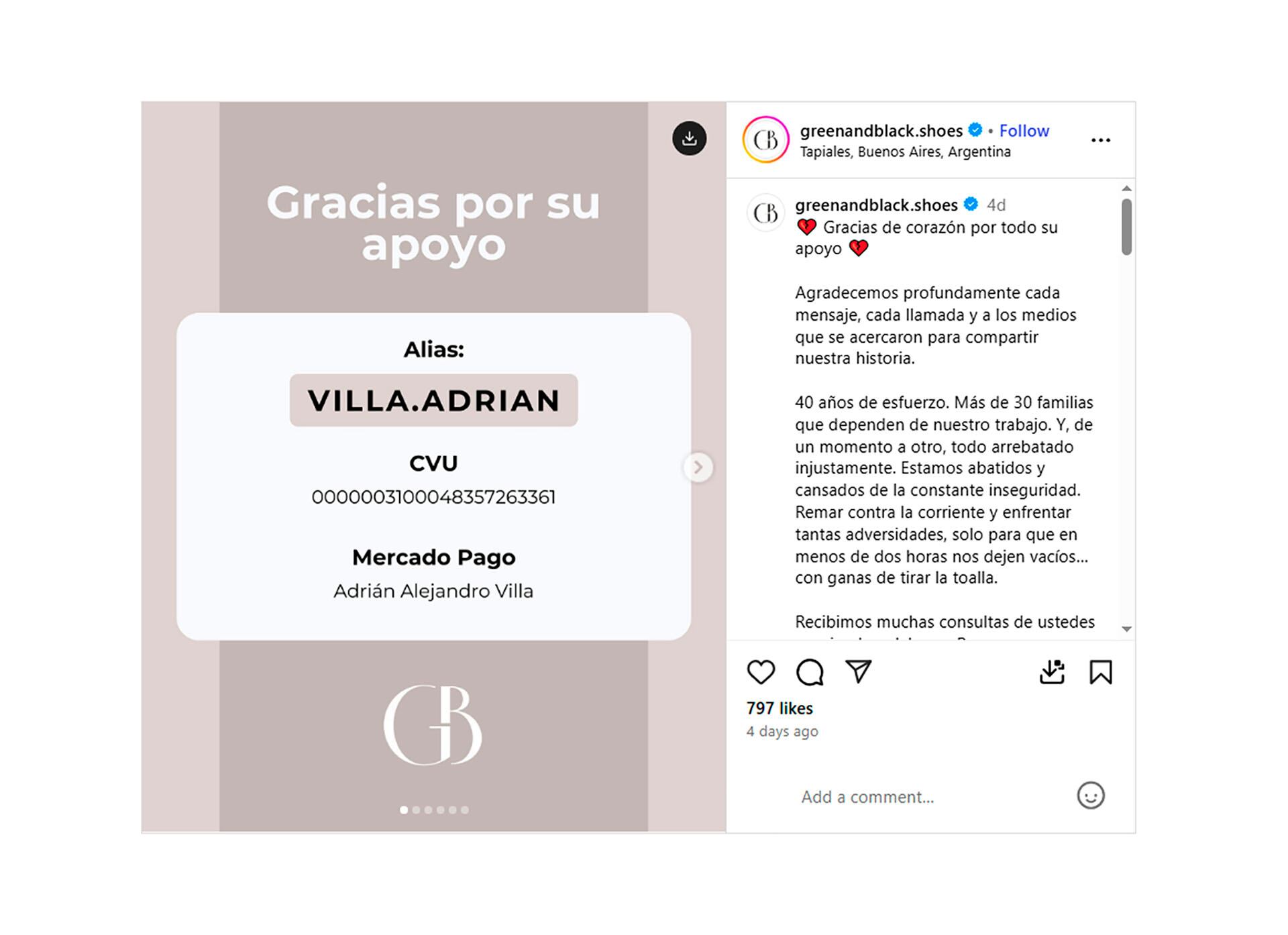 El posteo de la fábrica Green and Black (Captura Instagram)