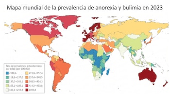 Un mapa del mundo con países coloreados según rangos estadísticos y una leyenda con valores numéricos en la esquina inferior izquierda.