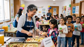 Una mujer con delantal sirve fruta en un plato a una niña que espera junto a otros niños con vasos en la mano.