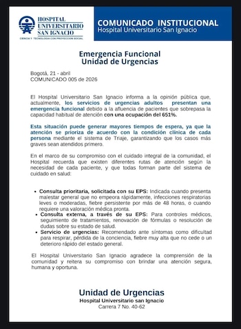 El HUSI explicó la situación y reiteró que la atención se prioriza mediante el sistema de triaje según la gravedad de los pacientes. - crédito Hospital Universitario San Ignacio
