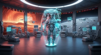 Astronauta en pod médico futurista dentro de una estación espacial con vistas a Marte y la Luna. Drones y estaciones de control robóticas son visibles.
