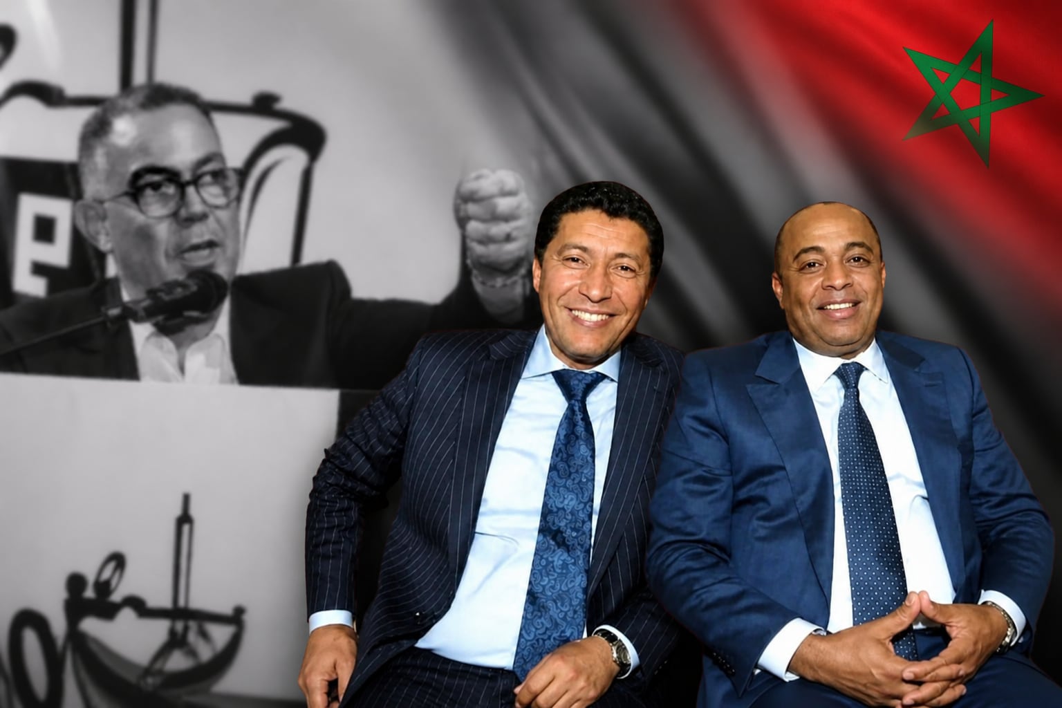 Delante, diputados del PAM implicados en un caso de narcotráfico, Abdennabi Biioui (i) y Saïd Naciri (d). Detrás, Fouzi Lekjaa, favorito a Primer Ministro de Marruecos