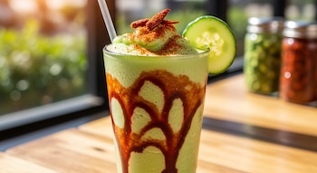 Un vaso transparente con un frappé verde claro decorado con jarabe de chamoy, chile en polvo, chiles secos y una rodaja de pepino, sobre una mesa de madera.