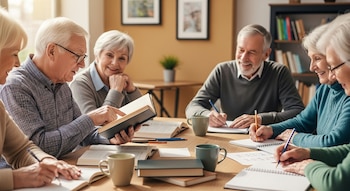 Seis adultos mayores, tres hombres y tres mujeres, sentados alrededor de una mesa, con libros, cuadernos, lápices y tazas.