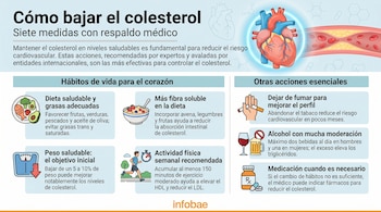 Infografía con título 'Cómo bajar el colesterol'. Muestra ilustraciones de un corazón, una arteria con placa, alimentos, balanza, persona corriendo, cigarrillos, bebidas y medicamentos.