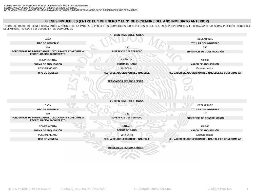 Parte de los inmuebles declarados por Fernando Farías. Crédito: DeclaraNet