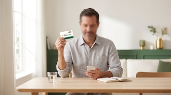 Hombre sentado en una mesa, sostiene una tarjeta del Banco del Bienestar y revisa un teléfono móvil. Sobre la mesa hay un vaso de agua y una libreta abierta.