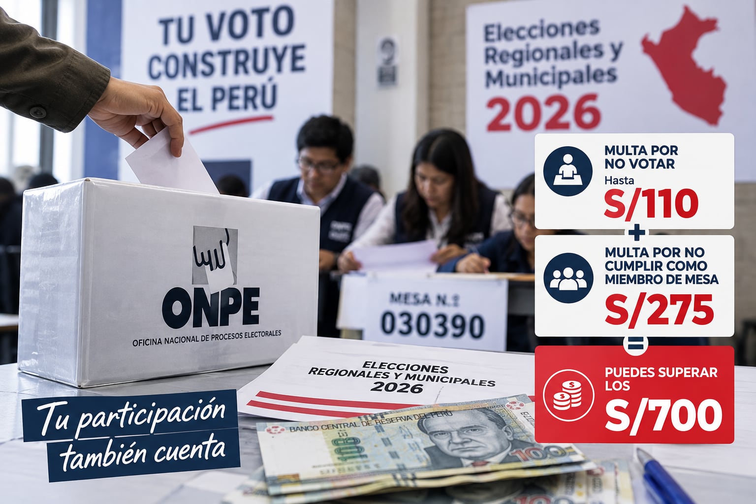 Un afiche informativo detalla que las multas por no votar o no cumplir como miembro de mesa en las Elecciones 2026 de Perú pueden superar los 700 soles. (Imagen Ilustrativa Infobae)