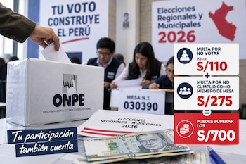 Una mano deposita un voto en una urna de la ONPE junto a billetes de soles y un gráfico con montos de multas electorales