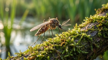 Un mosquito posado en una rama con musgo brillante, con vegetación y agua desenfocadas de fondo.