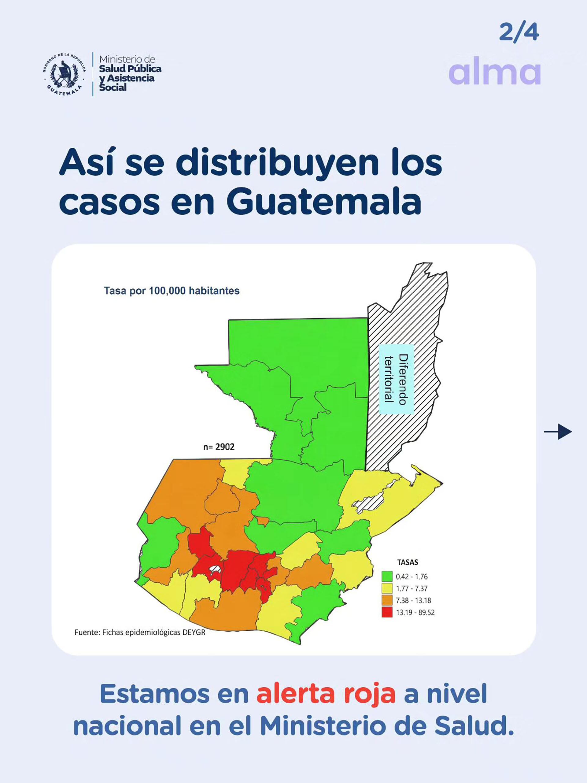Un mapa de Guatemala muestra la distribución geográfica de los casos de sarampión por cada 100,000 habitantes, evidenciando una alerta roja a nivel nacional. (Ministerio de Salud Pública y Asistencia Social)