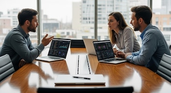 Tres personas en una sala de reuniones discuten frente a laptops con datos de IA en pantalla. Un asiento vacío con una laptop cerrada y bolígrafo en la mesa de madera.