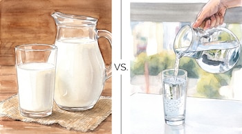 Acuarela dividida en dos secciones por el texto VS, con un vaso de leche a la izquierda y una mano sirviendo agua a la derecha.