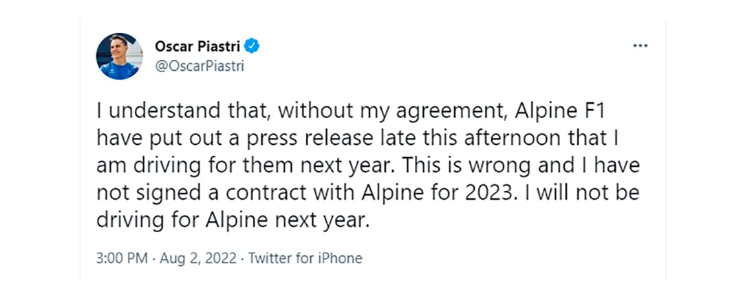 El posteo en X (antes Twitter) de Oscar Piastri desmintiendo su participación como titular de Alpine