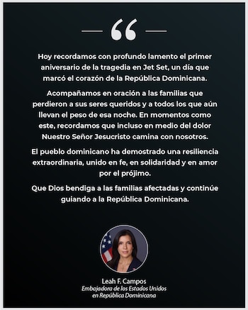 La Embajada de Estados Unidos en República Dominicana resaltó la resiliencia social a un año del accidente de la discoteca Jet Set. (Foto cortesía Embajada de EE.UU)