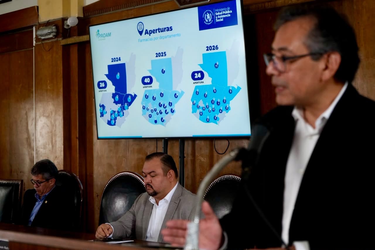 Representantes del Ministerio de Salud Pública de Guatemala presentan un mapa con la proyección de apertura de farmacias por departamento entre los años 2024 y 2026. (Ministerio de Salud Pública y Asistencia Social de Guatemala)