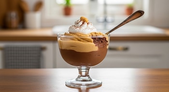 Copa de vidrio con mousse de chocolate y mantequilla de maní, crema batida, cacao en polvo, un cacahuete y una cuchara en una cocina.