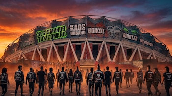 Exterior del Palacio de los Deportes de la Ciudad de México, cubierto de grafitis de bandas punk al atardecer, con una multitud dirigiéndose hacia la entrada.